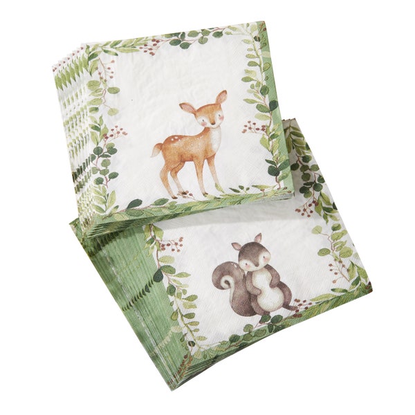 Woodland Baby Shower Lunch Napkins | Forest Animals Baby Shower Decor | Woodland First Birthday Party | Pack of 30 Paper Napkins
