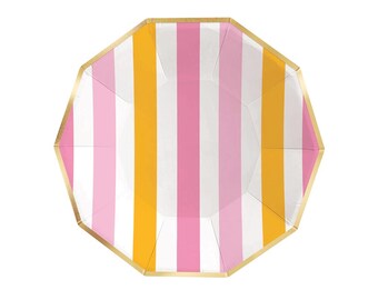May include: An octagonal paper plate with vertical stripes in pink, white, and yellow. The plate has a gold-colored trim around the edge. The design is simple and colorful, suitable for a party or event.