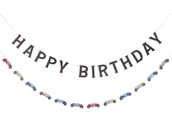 Vintage Race Car Birthday Banner Set – Racing Birthday Party Supplies for Speedway, Two Fast