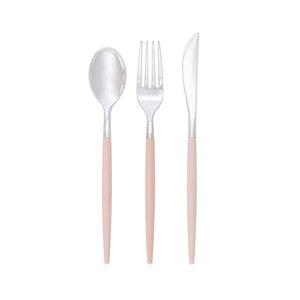 Blush Pink & Silver Plastic Cutlery Set for 8 | Plastic Silverware, Disposable Flatware, Wedding, Bridal Shower, Princess, Girls Baby Shower