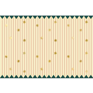 May include: A cream-colored background with red vertical stripes and gold stars. The background has a scalloped edge with a dark green border.