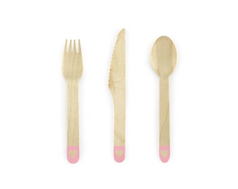 Pink Heart Wooden Cutlery Service for 6 | Galentine's Party | Girls Birthday Party | Girl Baby Shower Flatware | Bridal Shower Silverware