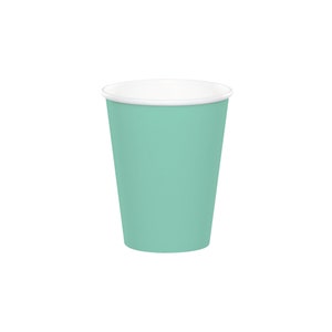 May include: A light green disposable paper cup with a white rim.