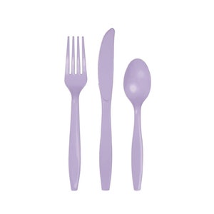 May include: A set of three lavender plastic utensils: a fork, knife and spoon.