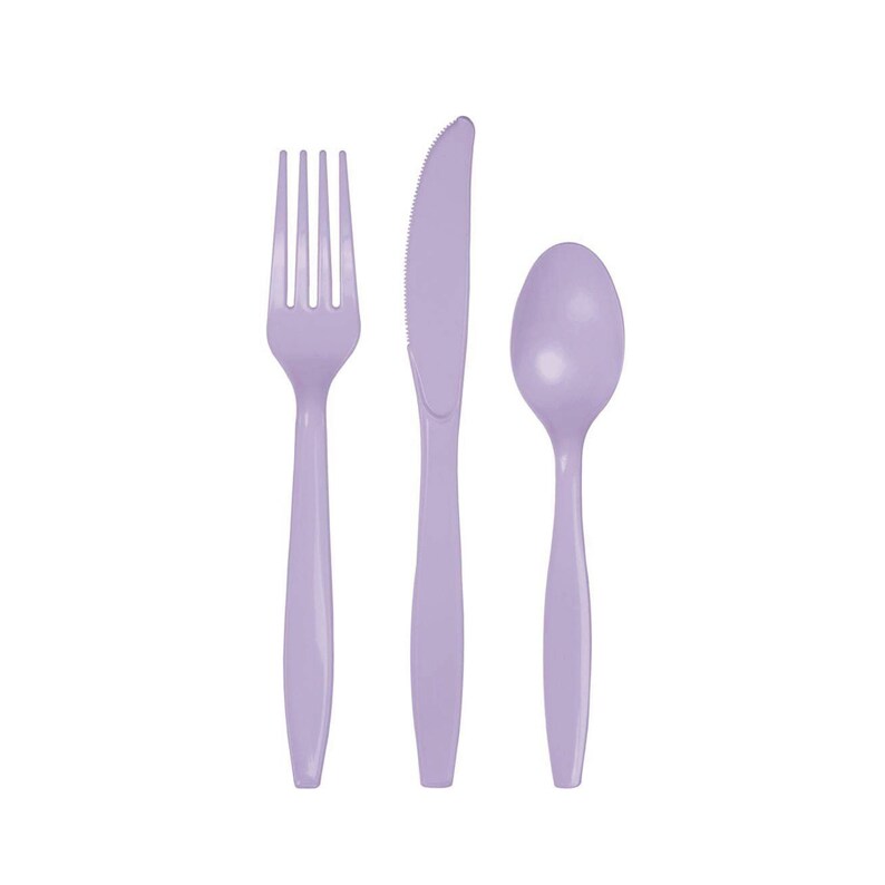 May include: A set of three lavender plastic utensils: a fork, knife and spoon.