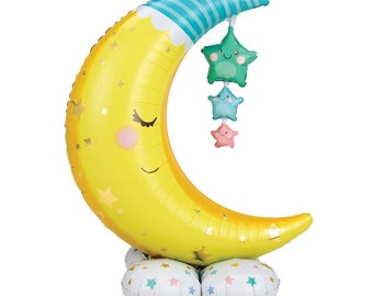 AirLoonz Moon & Stars Balloon 55" | Twinkle Twinkle Little Star Baby Shower | First Birthday | Over the Moon Decor | Baby Shower Balloon