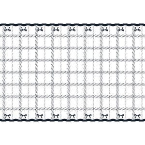 May include: A rectangular fabric strip featuring a white background with a dark blue grid pattern. The top and bottom edges are finished with a dark blue scalloped border, accented by a repeating row of small, dark blue bow illustrations.