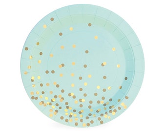 SALE | Dessert Plates | Mint Green with Gold Confetti Cake Plates 7" 12ct | Premium Quality Paper Plates | Party Supplies