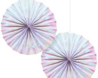 Iridescent Paper Fan Decorations 2ct | Narwhal Baby Shower | Outer Space Birthday Party | Mermaid Party Decor | Girls Birthday Party Decor