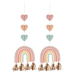 Boho Rainbow Hanging Decorations 2ct | Boho Rainbow Baby Shower | Boho Wild ONE First Birthday Decor | Muted Rainbow Party | Pastel Rainbow