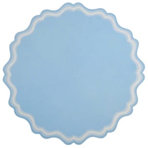 May include: A light blue, scalloped-edge placemat. The placemat has a solid light blue center with a decorative border of white, light blue, and off-white wavy lines. The overall shape is round.