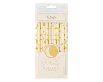 Baby Gold Moon & Star Plastic Straws 12ct | Twinkle Little Star Baby Shower | Oh Baby Shower | Gender-Neutral Baby Shower | Gender Reveal