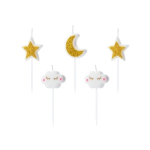 Glitter Stars Moon & Happy Clouds Candles 5ct | Twinkle Twinkle Little Star First Birthday | Cake Decorations | Birthday Candles