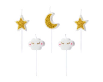 Glitter Stars Moon & Happy Clouds Candles 5ct | Twinkle Twinkle Little Star First Birthday | Cake Decorations | Birthday Candles