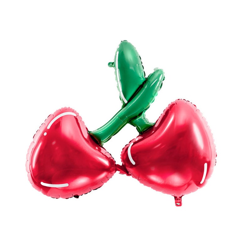 May include: Two red cherry-shaped balloons with green stems and leaves. The balloons are shiny and have a metallic finish.