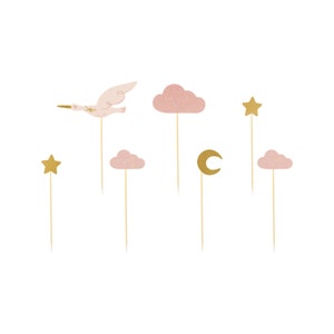 Pink Stork Cake Toppers 7ct – Baby Shower Cupcake Decor
