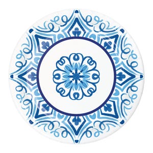 May include: White round plate with a blue and white floral design. The plate features a central floral motif surrounded by a border of swirling patterns and geometric shapes in shades of blue. The plate has a dark blue border.