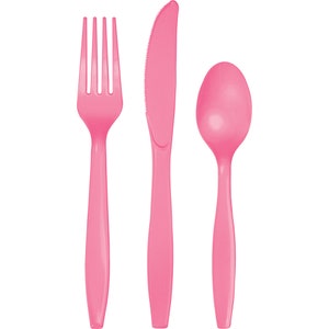 Candy Pink Premium Plastic Cutlery Service for 8 | Plastic Silverware | Party Utensils | Birthday Party | Disposable Flatware | Baby Shower