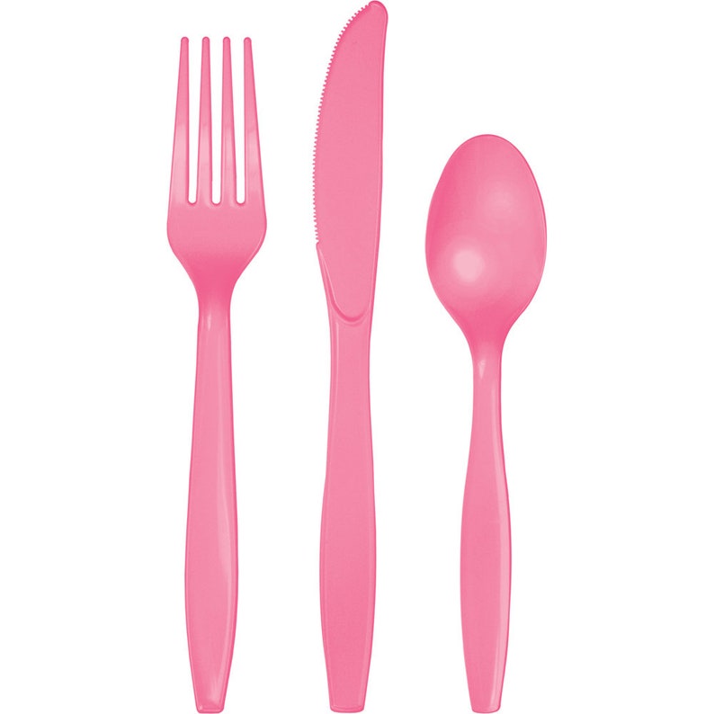 Party Utensils Candy Pink Premium Plastic Cutlery Set 24ct Baby Shower Plastic Silverware Kids Birthday Party Disposable Flatware