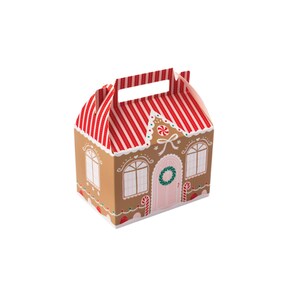 May include: A cardboard gift box shaped like a gingerbread house with a handle. The exterior features a brown base with white icing details, a pink door with a green wreath, arched windows, red and white candy canes, and a striped roof.