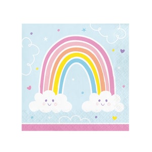 May include: A pastel blue background with a rainbow and two clouds with smiley faces. The rainbow has pink, orange, yellow, and blue stripes. The clouds are white with a light blue outline. There are small pink, yellow, and purple dots scattered around the image.