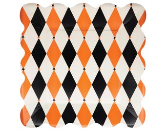 Vintage Harlequin Halloween Paper Plates (8ct) – Retro Spooky Party or Boo Bash Tableware