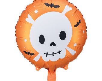 May include: Orange Halloween balloon with a white skull and crossbones design. The skull has black eyes and a small smile. There are small black bats and white stars on the balloon.