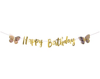 Gold Happy Birthday Butterfly Banner 7ft | Little Butterfly First Birthday Party | Pastel Butterfly Decor | Flutter on Over | Girls Birthday