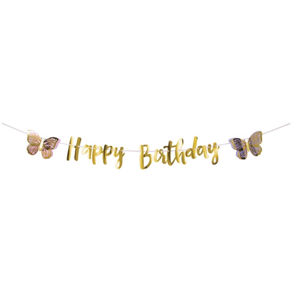 Gold Happy Birthday Butterfly Banner 7ft | Little Butterfly First Birthday Party | Pastel Butterfly Decor | Flutter on Over | Girls Birthday Il_570xn