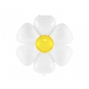 May include: White and yellow foil balloon shaped like a daisy flower.