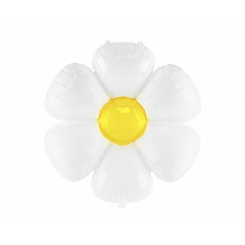 May include: White and yellow foil balloon shaped like a daisy flower.