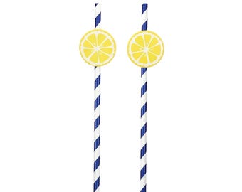 Blue & White Lemon Paper Straws 12ct – Citrus and Coastal Themed Parties