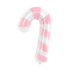 May include: A pink and white striped candy cane shaped balloon.