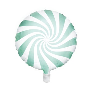 May include: A green and white swirl patterned balloon. The balloon is round and has a white tail.