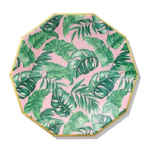 Pink Palm Leaf Lunch Plates 10ct | Tropical Baby Shower | Tropical Bridal Shower | Tropical Bachelorette Party | Luau Birthday Party Decor