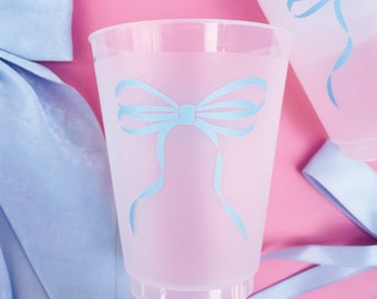 Blue Bow Frosted Plastic Cups 6ct | Blue Bow Baby Shower Cups | Bow First Birthday | Bow Bachelorette Cups | Bow Bridal Shower | Bow Party