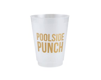 May include: A white plastic cup with the words "POOLSIDE PUNCH" printed in gold. The cup is cylindrical and appears to be empty. The text is centered on the cup, and the background is white.