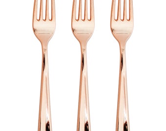 Rose Gold Premium Forks Service for 24 | Plastic Silverware | Party Utensils | Birthday Party | Disposable Flatware | Wedding Tableware