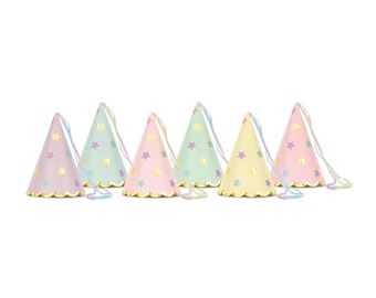 Pastel Star Party Hats (6ct) – Gold Foil Rainbow Birthday & Unicorn Party Decor