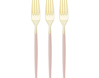 Blush Pink & Gold Plastic Forks 32ct | Plastic Silverware, Disposable Flatware, Wedding, Bridal Shower, Princess Birthday, Girls Baby Shower