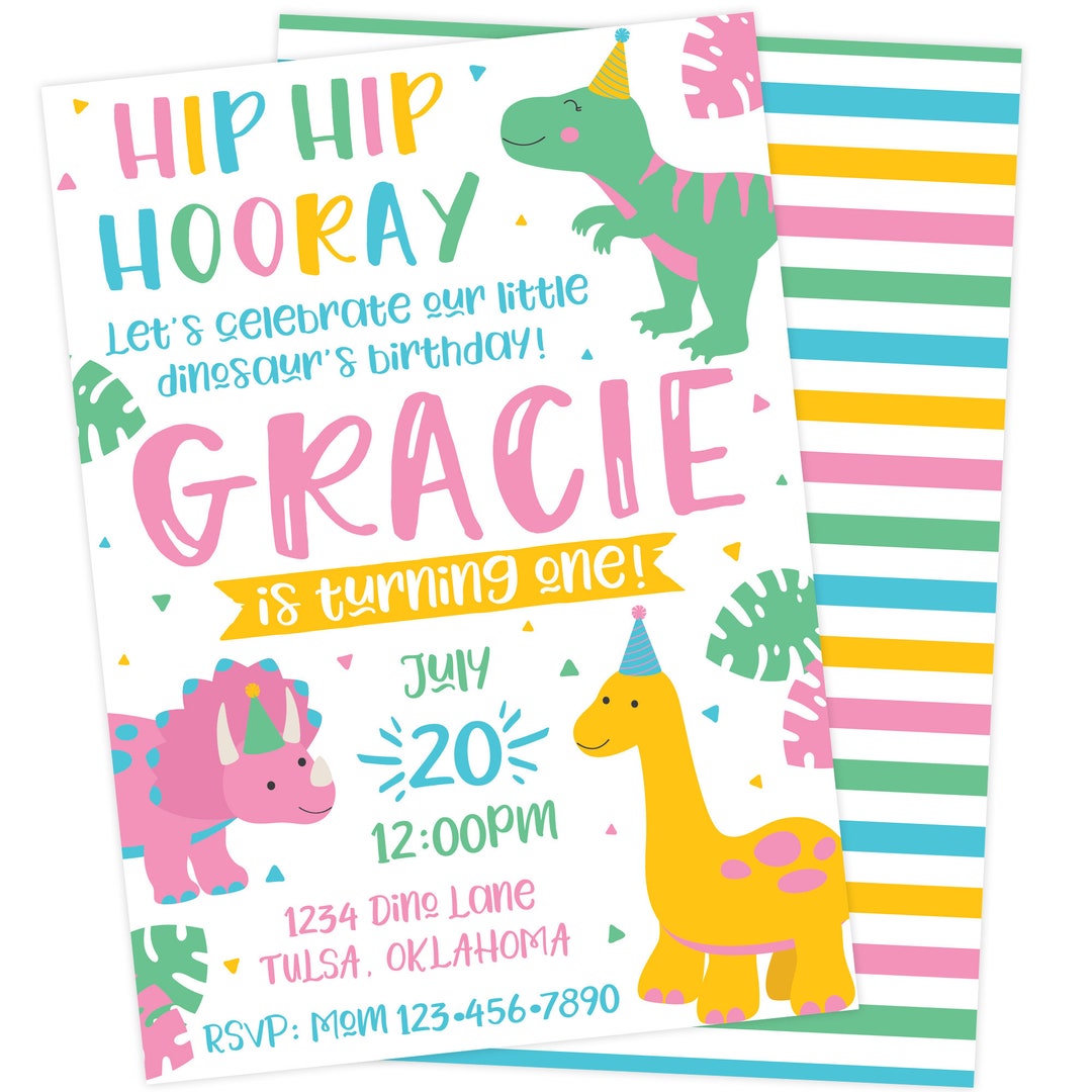 Pink Girl Dinosaur Birthday Invitation Girl's Birthday Party Invitation