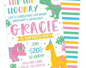 Pink Girl Dinosaur Birthday Invitation | Girl's Birthday Party Invitation |  Girly T-Rex Birthday | Digital Printable Invite