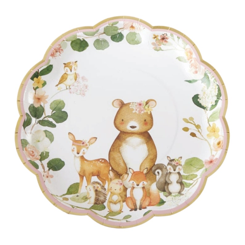 Floral Woodland Baby Shower Lunch Plates 16ct Girl Woodland Birthday Forest Animal Baby Shower Blush Pink Woodland Gender