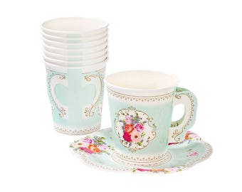 Floral Paper Teacups and Saucers (12ct) – Garden Tea Party for Birthday or Bridal Shower