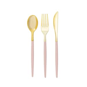 Blush Pink & Gold Plastic Cutlery Set for 8 | Plastic Silverware, Disposable Flatware, Wedding, Bridal Shower, Princess, Girls Baby Shower