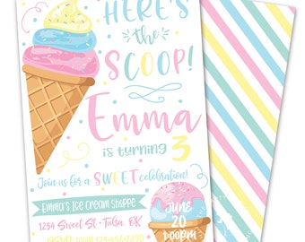 May include: A colorful ice cream cone birthday invitation with the text "Here's the scoop! Emma is turning 3. Join us for a sweet celebration! Emma's Ice Cream Shoppe 1234 Sweet St. Tulsa, OK RSVP: Mom 123-456-7890 June 20 1:00pm"