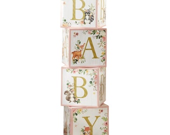 Décorations de bloc de douche de bébé Woodland rose 4ct | Lettres de bloc de douche de bébé d’animal de forêt | Toile de fond boisée rose | Anniversaire de fille dans les bois