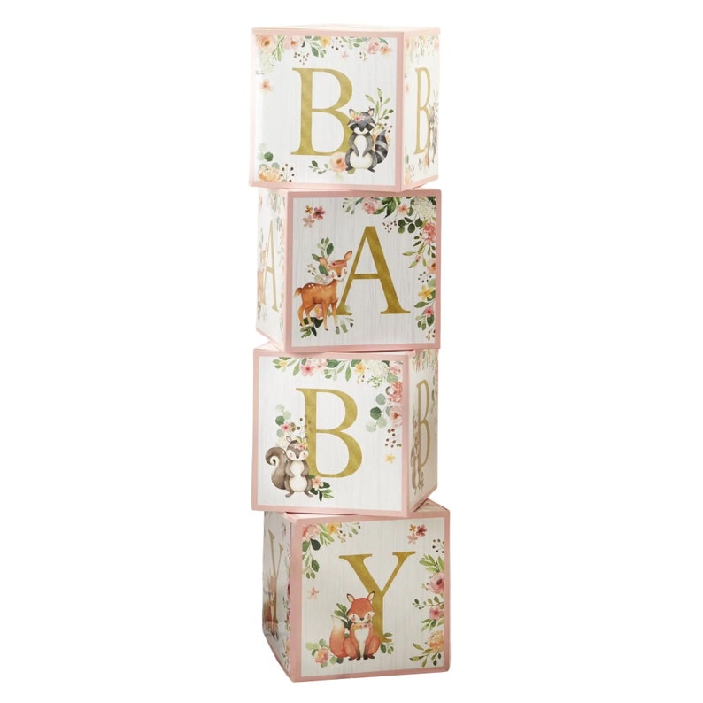 Pink Woodland Baby Shower Block Decorations 4ct Forest Animal Baby Shower Block Letters Pink Woodland Backdrop Girl Woodland Birthday image 1