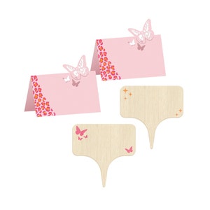 I Beg Your Pardon, etichette alimentari e segnaposto 8 ct, etichette alimentari con farfalle, segnaposti farfalla, compleanno farfalla rosa, compleanno Dolly