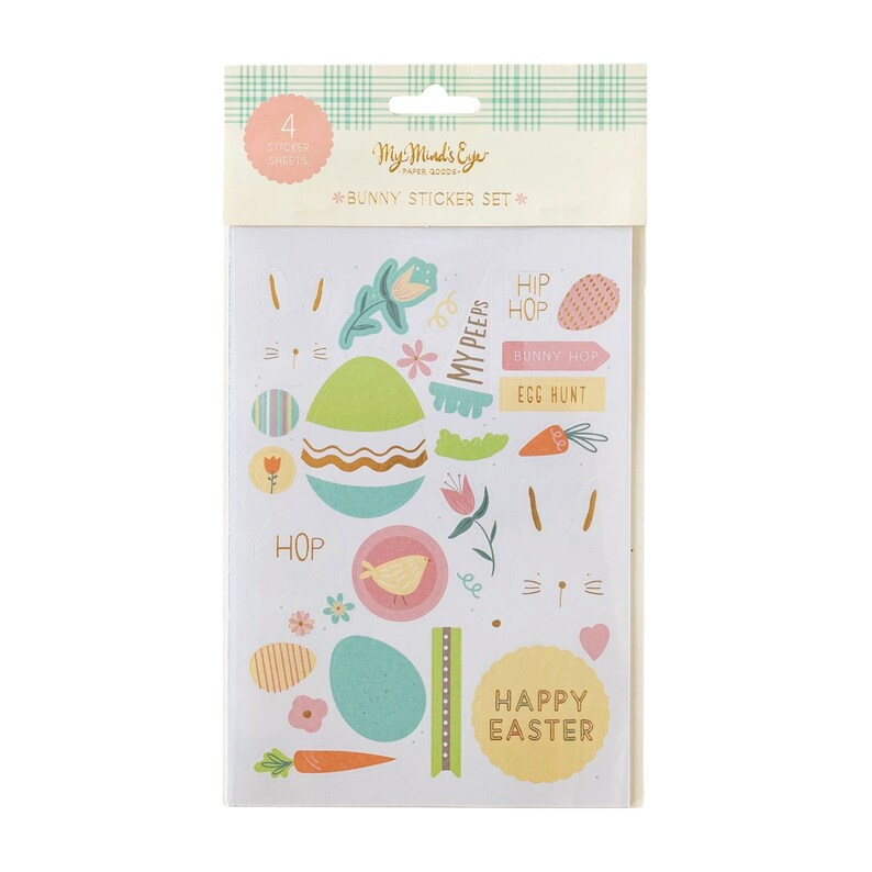 May include: A set of four Easter bunny sticker sheets with colorful illustrations of eggs, bunnies, flowers, and the text "My Peeps", "Hip Hop", "Bunny Hop", "Egg Hunt", and "Happy Easter".